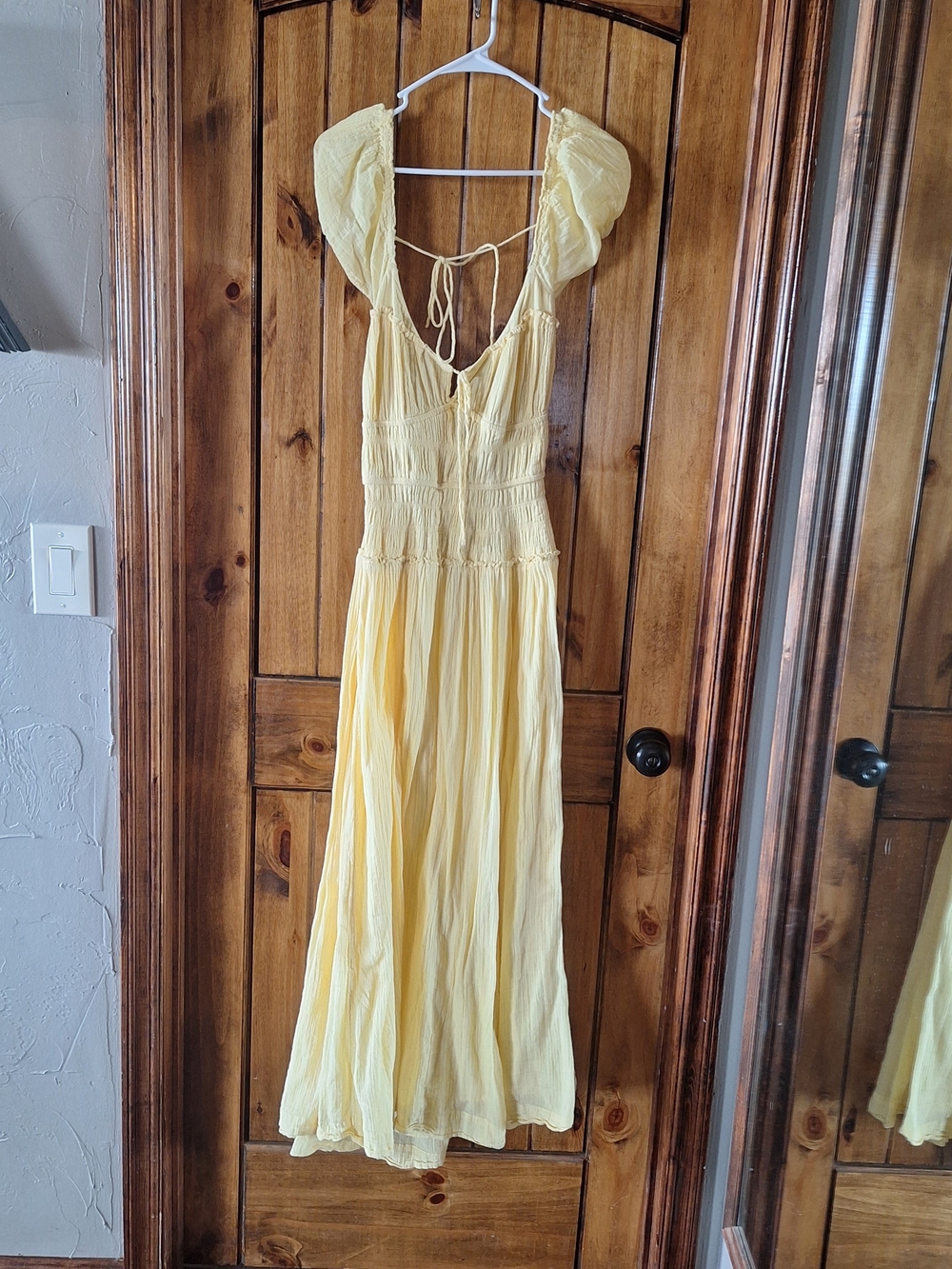 Free People Pale Yellow Maxi Dress with Puff Sleeves